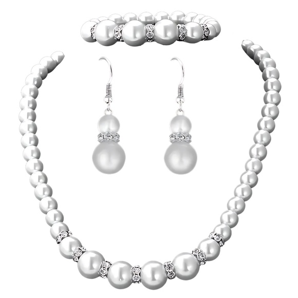 Pearl Necklace Set - Necklace, Bracelet and Earrings 3 Piece Jewelry set - Picture 2 of 5